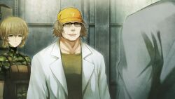 adam&#039;s_apple aged_up alternate_body_size amane_suzuha amane_suzuha_(beta) baseball_cap black_gloves braid brown_hair bulletproof_vest camouflage camouflage_jacket collarbone digital_camouflage father_and_daughter from_behind frown game_cg glasses gloves green_jacket green_shirt hair_rings hashida_itaru hat high_collar highres huke indoors jacket lab_coat lapels long_sleeves mature_male military_combat_uniform military_fatigues military_uniform non-web_source notched_lapels official_art okabe_rintarou open_mouth ringed_eyes serious shirt short_sleeves smile soldier steins;gate steins;gate_0 t-shirt teeth twin_braids twintails upper_teeth_only woodland_camouflage yellow_eyes yellow_hat