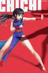 Rule 34 | 1girl, battle, black hair, blue dress, breasts, bs9999s, character name, chi-chi (dragon ball), china dress, chinese clothes, dragon ball, dragon ball (classic), dress, fighting stance, highres, medium breasts, open mouth, palm strike, pelvic curtain, ponytail, red background, side slit, sleeveless, sleeveless dress
