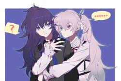 ... 25-ji_miku 2girls ? aqua_eyes asahina_mafuyu black_choker black_sailor_collar black_shirt blue_eyes blue_neckerchief blue_outline buttons choker closed_mouth collared_shirt commentary_request dress frilled_sleeves frills frown gradient_eyes green_nails hair_over_shoulder hair_ribbon halftone hatsune_miku heterochromia high_ponytail highres hug hug_from_behind long_hair long_sleeves looking_at_another multicolored_eyes multiple_girls neck_ribbon neckerchief outline pink_eyes ponytail project_sekai puffy_long_sleeves puffy_sleeves purple_background purple_eyes purple_hair red_ribbon ribbon sailor_collar shirt simple_background spoken_ellipsis spoken_question_mark twintails two-tone_dress upper_body vocaloid white_ribbon white_shirt ximuye