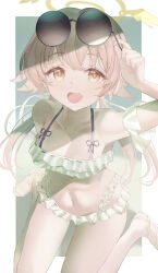 1girl absurdres azuma_(sospower73) bare_shoulders bikini blue_archive blush brown_hair commentary_request eyewear_on_head frilled_bikini frills halo hifumi_(blue_archive) hifumi_(swimsuit)_(blue_archive) highres long_hair looking_at_viewer low_twintails navel off-shoulder_bikini off_shoulder official_alternate_costume open_mouth revision ribbon-trimmed_bikini ribbon-trimmed_swimsuit ribbon_trim round_eyewear sitting smile solo sunglasses swimsuit twintails wariza white_bikini winged_halo yellow_eyes yellow_halo