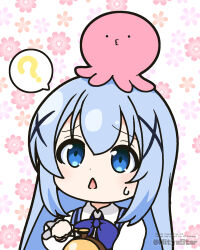 Rule 34 | . ., 1girl, :&lt;, ?, animal, animal on head, blue bow, blue eyes, blue hair, blue vest, blush, bow, chibi, collared shirt, commentary request, crossover, employee uniform, floral background, gochuumon wa usagi desu ka?, hair ornament, kafuu chino, long hair, long sleeves, mitya, octopus, on head, parted lips, puffy long sleeves, puffy sleeves, rabbit house uniform, shirt, sleeves past wrists, spoken question mark, sweat, takopii, takopii no genzai, triangle mouth, twitter username, upper body, vest, waitress, watermark, white background, white shirt, x hair ornament