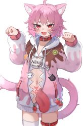 1girl absurdres ahoge animal_collar animal_ears bandaid bandaid_on_face belt_collar cat_ears cat_girl cat_tail collar commentary_request cowboy_shot fang highres hood jacket long_sleeves looking_at_viewer navel nekopurin_(nyanko_prin) open_mouth original paw_pose pink_hair pink_jacket puffy_long_sleeves puffy_sleeves red_collar red_eyes short_hair simple_background solo tail tattoo thick_eyebrows thigh_strap thighhighs transparent_background white_thighhighs
