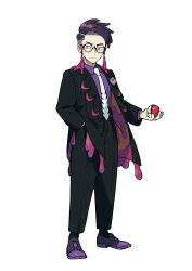 1boy absurdres artist_request black-framed_eyewear black_coat black_hair black_pants closed_mouth coat collared_shirt corbeau_(pokemon) full_body glasses hand_in_pocket highres holding holding_poke_ball long_sleeves male_focus necktie nintendo official_art open_clothes open_coat outline pants poke_ball poke_ball_(basic) pokemon pokemon_legends:_z-a purple_shirt round_eyewear second-party_source serious shirt shoes short_hair solo standing tachi-e transparent_background undercut white_necktie white_outline yellow_eyes