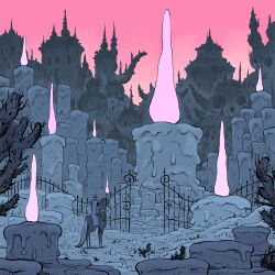 animal architecture building cactus candle fantasy fire from_behind gate highres holding holding_torch horse horseback_riding knight migamigami original outdoors riding rock ruins scenery sky solo torch wide_shot