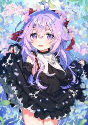 1girl :d ahoge bare_shoulders black_dress black_sleeves blue_flower blurry blurry_background blurry_foreground blush bow clothes_lift depth_of_field detached_sleeves dress flower frilled_dress frills hair_between_eyes hair_bow hair_ornament hairclip highres ichihaya jewelry long_hair long_sleeves looking_at_viewer necklace open_mouth original petals pinching_sleeves pink_flower plaid_bow puffy_sleeves purple_eyes purple_flower purple_hair red_bow signature skirt_hold sleeveless sleeveless_dress sleeves_past_wrists smile solo very_long_hair