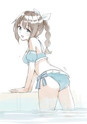 1girl absurdres ass bikini blue_bikini blush braid braided_ponytail commentary_request hair_ribbon highres looking_at_viewer love_live! love_live!_nijigasaki_high_school_idol_club love_live!_nijigasaki_high_school_idol_club_the_movie_-_finale open_mouth osaka_shizuku partially_submerged pool ribbon sketch smile swimsuit tata_(tataice) water wet white_ribbon
