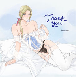 1boy bed black_panties blonde_hair blue_eyes bulge corset crossdressing english_text garter_straps hair_ribbon lemicon lingerie long_hair low_ponytail negligee nipples original panties pillow ponytail red_ribbon ribbon seductive_gaze thighhighs trap underwear white_corset white_thighhighs