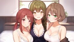 3girls ahoge armpit_crease bed black_dress blurry blurry_background blush bra braid braided_ponytail breasts brown_hair camisole cleavage collarbone commission daysss dress hair_over_eyes highres idolmaster idolmaster_cinderella_girls idolmaster_million_live! idolmaster_shiny_colors indoors kuwayama_chiyuki large_breasts looking_at_viewer mifune_miyu multiple_girls ponytail sakuramori_kaori side_ponytail sidelocks skeb_commission smile underwear upper_body white_bra white_camisole