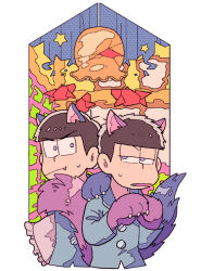 2boys abstract_background animal_ears animal_hands black_hair brothers cat_ears cat_tail fang hand_on_another&#039;s_shoulder holding holding_pillow kemonomimi_mode male_focus matsuno_ichimatsu matsuno_karamatsu medoroooa multiple_boys origami osomatsu-san osomatsu_(series) pillow siblings sweatdrop tail