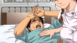 10s 1boy 1girl 2014 animated animated_gif bed braid breasts censored closed_eyes curvy handjob hat hetero hospital_bed konna_ni_yasashiku_sareta_no large_breasts masturbation nurse nurse_cap open_mouth penis pubic_hair tagme twin_braids yukari_fujita