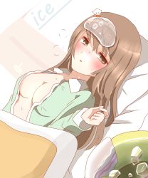 1girl bed blush breasts brown_eyes brown_hair bucket cleavage collared_shirt commentary_request door female_focus fever green_pajamas green_shirt hair_between_eyes highres ice ice_cube ice_pack long_hair long_sleeves lying medium_breasts non_(wednesday-classic) on_back open_clothes open_shirt original pajamas parted_lips pillow shirt sick solo sweat under_covers water