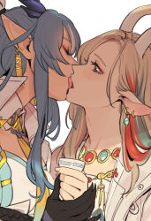 2girls a_deer_of_nine_colors animal_ears antlers arknights blue_hair blush closed_eyes commentary cup deer_antlers deer_ears deer_girl dragon_girl dragon_horns earrings french_kiss highres holding holding_cup horns jewelry kiss ling_(arknights) long_hair maiqo makeup multicolored_hair multiple_girls necklace necktie nine-colored_deer piercing pointy_ears profile red_hair simple_background symbol-only_commentary twitter_username white_background yellow_necktie yuri