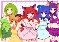 5girls absurdres aizawa_mint animal_ears aqua_dress aqua_gloves arm_up bandeau bare_shoulders blonde_hair blue_bow blue_eyes blue_hair blush bow breasts cat_ears cat_girl cat_tail closed_mouth collarbone double_bun dress fong_pudding fujiwara_zakuro gloves green_bow green_eyes green_hair hair_bun heart highres long_hair looking_at_viewer medium_breasts mew_ichigo mew_lettuce mew_mint mew_pudding mew_zakuro midorikawa_lettuce mogufukawa momomiya_ichigo multiple_girls navel one_eye_closed open_mouth pink_bow pink_dress pink_eyes pink_hair purple_bandeau purple_bow purple_eyes purple_hair short_hair smile stomach strapless strapless_dress tail tokyo_mew_mew tokyo_mew_mew_new twintails wolf_ears wolf_girl yellow_bow yellow_eyes