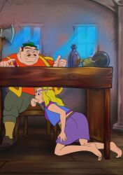 1boy 1girl bare_legs barefoot blonde_hair blue_eyes bomb desk elmrtev explosive fat fat_man feet fellatio floor hat hat_feather hetero morshu oral penis pointy_ears princess princess_zelda rupee_(zelda) shop the_legend_of_zelda the_legend_of_zelda_(cd-i) thumbs_up toes ugly_bastard window