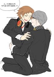 Rule 34 | 2boys, brown hair, hanamura yousuke, headphones, headphones around neck, highres, looking at another, multiple boys, narukami yu, persona, persona 4, school uniform, shadow (persona), sitting, sitting on lap, sitting on person, ssesse 1999, yaoi, yasogami school uniform