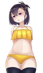 Rule 34 | 1girl, :o, ao (flowerclasse), arms behind back, bikini, black hair, black thighhighs, blush, breast curtains, commentary, cowboy shot, gabriel dropout, groin, hair ornament, half-closed eyes, halterneck, head tilt, highres, looking at viewer, lowleg, lowleg bikini, navel, purple eyes, short hair, simple background, solo, standing, swimsuit, thigh gap, thighhighs, vignette tsukinose april, white background, x hair ornament, yellow bikini