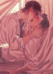 2boys ace_of_diamond blush glasses kiss kuramochi_youichi male_focus multiple_boys open_mouth sawamura_eijun sweat tongue yaoi