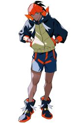 1boy absurdres aqua_eyes black_hair black_hoodie black_shoes closed_mouth commentary_request full_body hands_in_pockets headband highres hood hood_down hoodie kibana_daisuki_man knees male_focus nintendo orange_headband pokemon pokemon_swsh raihan_(pokemon) shoes short_hair shorts side_slit side_slit_shorts simple_background smile solo standing tassel white_background