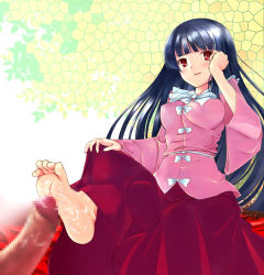1girl bad_id bad_pixiv_id barefoot black_hair censored cum cum_on_body cum_on_feet feet footjob houraisan_kaguya long_hair mosaic_censoring penis red_eyes solo_focus toes touhou yako