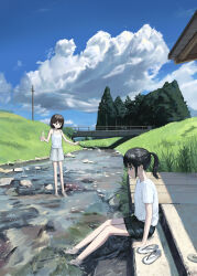 2girls absurdres black_hair black_shorts blue_sky bottle brown_eyes brown_hair camisole cloud day highres holding holding_bottle multiple_girls original outdoors ponytail power_lines rural sakiika0513 sandals unworn_sandals shirt shorts skirt sky soaking_feet stream tree utility_pole water water_bottle white_shirt white_skirt