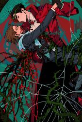 Rule 34 | 2boys, arm vines, beard stubble, black gloves, black suit, blood, blood on clothes, blood on face, blood on mouth, brambles, broken glass, brooch, coat, collared shirt, colored extremities, cracked screen, crown of thorns, facial hair, flower, formal clothes, frills, glass, glasses, gloves, gregor (project moon), guizhenc, hand on another&#039;s shoulder, hand on another&#039;s waist, high collar, highres, holding hands, jewelry, la manchaland (identity) (project moon), limbus company, looking at another, meursault (project moon), multiple boys, neck ribbon, one eye covered, overgrown, plant, project moon, red coat, red hands, ribbon, rose, shirt, stole, stubble, suit, tango, vines, white shirt, yearning-mircalla (e.g.o)