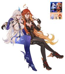 2girls ahoge black_bodysuit black_gloves blue_thighhighs bodysuit colored_inner_hair commentary dress eni_(enidaisy69) genshin_impact gloves hair_ornament hand_up high_heels highres long_hair mavuika_(genshin_impact) multicolored_hair multiple_girls multiple_views orange_hair red_hair short_dress simple_background skirk_(genshin_impact) thighhighs very_long_hair white_background white_dress white_hair