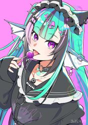 1girl aqua_hair black_hair candy chest_harness choker dated finana_ryugu finana_ryugu_(jirai_kei) fins fish_skeleton_hair_ornament food harness head_fins highres holding holding_candy holding_food holding_lollipop jewelry licking light_blush lollipop long_sleeves looking_at_viewer maid_headdress multicolored_hair necklace nijisanji nijisanji_en o-ring o-ring_choker o-ring_harness pink_background pink_hair purple_eyes scales simple_background sleeves_past_wrists solo streaked_hair syake2019 twitter_username virtual_youtuber watermark