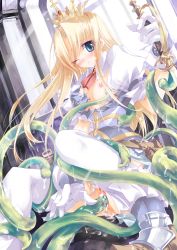 arch belt blonde_hair blood blue_eyes blush breasts crown cum cumdrip defloration gloves hat highres long_hair monster nipples no_bra no_panties open_clothes open_mouth open_shirt pouch princess pussy shirt small_breasts solo sword tentacle_sex tentacles thighhighs torn_clothes uncensored utility_belt weapon wet wince window yudesoba
