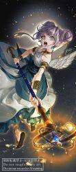 Rule 34 | 1girl, absurdres, angel wings, anklet, aqua sash, armlet, blue nails, blunt bangs, bracelet, collarbone, commentary request, double bun, dragon quest, dragon quest x, dress, earrings, floating clothes, floating hair, grey background, grey eyes, hair bun, heroine (dq10), highres, holding, holding staff, jewelry, looking at viewer, looking back, multiple bracelets, o-ring dress, open mouth, original, sandals, solo, staff, teardrop earrings, white dress, white wings, wings, yufuyuruuu