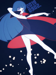 1girl armpits ass barefoot blue_eyes blue_hair breasts cape cloak closed_mouth dated etou_ranze highres long_hair looking_at_viewer naked_cape nude sasaki_tomomi small_breasts smile solo star_(symbol) super_love_lotion tokimeki_tonight