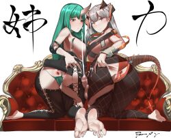 1boy 2girls anus arknights ass blush breast_press breasts buttjob cameltoe cleft_of_venus couch cum cum_on_ass cum_on_body ejaculation embarrassed feet grabbing_own_ass green_hair highres horn horns hoshiguma_(arknights) large_breasts leg_grab long_hair looking_down multiple_girls on_couch orange_eyes penis pussy sandwiched saria_(arknights) serious shio_ramen single_horn size_difference small_penis soles spread_pussy tail tall_female testicles thighhighs translation_request white_background white_hair