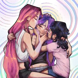 3girls black_hair body_markings girl_sandwich highres kiss kpop_demon_hunters long_hair mira_(kpop_demon_hunters) multiple_girls phan4t polyamory purple_hair red_hair rumi_(kpop_demon_hunters) sandwiched shirt sitting_on_leg yuri zoey_(kpop_demon_hunters)
