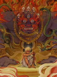 Rule 34 | 2boys, absurdres, aged down, alternate costume, ameliecausse, androgynous, animal nose, barefoot, bead necklace, beads, bindi, blonde hair, blue eyes, bracelet, bright pupils, buddhism, casual, clenched teeth, closed eyes, colored skin, commentary, demon, earrings, english commentary, facial hair, facial mark, facing viewer, fangs, fiery hair, fingernails, fire, forehead mark, gold bracelet, gold earrings, gold necklace, hands on ground, hands up, highres, holding, holding jewelry, holding necklace, hoop earrings, jewelry, long fingernails, long hair, looking at viewer, male focus, mara (buddhism), multiple boys, multiple bracelets, multiple necklaces, necklace, parted lips, prayer beads, red nails, saint seiya, sharp fingernails, single bare shoulder, sitting, snake, teeth, third eye, tusks, u u, virgo shaka, white pupils