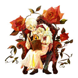 1boy 1girl blonde_hair book den edgar_portsnell flower marybell_portsnell poe_no_ichizoku rose sitting