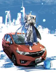 1other androgynous animal_ears arm_behind_back arm_up barefoot black_bow bow bucket car choker chromatic_aberration closed_eyes clothes_writing coat day fingernails full_body german_text gorilla_(bun0615) grey_hair highres honda honda_fit legs_apart long_hair long_skirt long_sleeves motor_vehicle nail_polish open_mouth original outdoors skirt smile solo standing standing_on_object toenail_polish toenails toes very_long_hair wide_sleeves wolf_ears