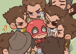 6+boys :3 ? ?? @_@ beard blue_eyes blush bodysuit brown_eyes brown_hair cavillrine chibi chibi_only cigar claw_(weapon) closed_mouth commentary couple cowboy_hat crucifixion deadpool deadpool_&amp;_wolverine deadpool_(series) english_commentary eyepatch facial_hair flustered formal_clothes gloves gun gwindows22 hat highres holding holding_gun holding_weapon looking_at_another male_focus male_harem marvel marvel_cinematic_universe mask mask_lift meme multiple_boys multiple_persona red_bodysuit scar short_hair simple_background single_hand smoke smoking sonic_surrounded_by_amy_plush_dolls_(meme) suit superhero_costume surrounded two-tone_bodysuit wavy_mouth weapon wolverine_(x-men) x-men yaoi yellow_bodysuit