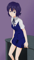1girl against_table bare_arms blue_hair blue_skirt blue_vest breasts closed_mouth collared_shirt commentary emblem expressionless feet_out_of_frame hair_between_eyes half-closed_eyes jack-barro looking_at_viewer medium_breasts miniskirt neck_ribbon nunotaba_shinobu pleated_skirt purple_background purple_eyes ribbon school_emblem school_uniform shirt short_hair short_sleeves skirt solo table toaru_kagaku_no_railgun toaru_kagaku_no_railgun_s toaru_majutsu_no_index vest wavy_hair white_shirt