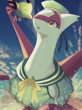 Rule 34 | animal focus, beak, beret, bird, claws, closed eyes, closed mouth, clothed pokemon, dragon, flying, full body, gen 2 pokemon, gen 3 pokemon, green shirt, hat, highres, latias, legendary pokemon, natu, nintendo, no humans, open mouth, outdoors, pokemon, pokemon (creature), shinyxatu, shirt, sky, smile, wings, yellow eyes