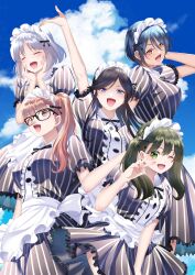 5girls ;d absurdres apron arm_up black-framed_eyewear black_dress black_ribbon blue_eyes blue_hair brown_eyes brown_hair chiyoda_ririka closed_eyes collar dark_blue_hair day dress fang frilled_apron frilled_collar frills glass green_eyes hand_up hands_on_own_cheeks hands_on_own_face highres long_dress long_hair looking_at_viewer maid_apron megami_no_cafe_terrace multiple_girls neck_ribbon official_art one_eye_closed open_mouth ponytail ribbon seo_kouji short_hair sky smile souya_moemi striped_clothes striped_dress takasaki_mao twintails v v_over_eye valentina_azuma vertical-striped_clothes vertical-striped_dress waist_apron waving yoshino_hekiru