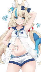 1girl absurdres aidoruhakase animal_ear_fluff animal_ears armpits bikini blonde_hair blue_bow bow closed_eyes cowboy_shot denim denim_shorts flat_chest hair_bow highres indie_virtual_youtuber long_hair looking_at_viewer midriff multicolored_hair navel sameko_saba short_shorts shorts simple_background sleeveless solo stomach streaked_hair swimsuit tail v very_long_hair virtual_youtuber white_background white_shorts
