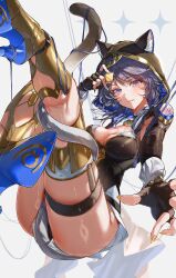 1girl absurdres animal_ears black_gloves black_leotard blue_eyes boots breasts cat_ears cat_girl cat_tail cipher_(honkai:_star_rail) cleavage commentary_request fingerless_gloves gloves gold_boots grey_hair high_heel_boots high_heels highres honkai:_star_rail honkai_(series) leotard looking_at_viewer medium_breasts mole mole_on_breast nero_hanken short_hair_with_long_locks simple_background solo tail tail_around_own_leg thigh_strap thighs white_background yellow_nails