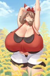 1girl absurdres arms_up bandana breasts cleavage closed_eyes curvy dotil female_focus gigantic_breasts highres may_(pokemon) medium_hair nintendo pokemon shorts solo thick_thighs thighs unbuttoned_pants wide_hips