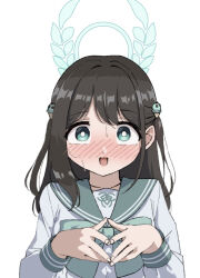 1girl airi_(blue_archive) black_hair blue_archive blush bow food-themed_hair_ornament green_bow green_eyes green_sailor_collar hair_ornament halo hands_up ice_cream_hair_ornament long_hair long_sleeves looking_at_viewer nose_blush puffy_long_sleeves puffy_sleeves sailor_collar shirt simple_background solo steepled_fingers sweat two_side_up unadon_(unadoom) upper_body white_background white_shirt