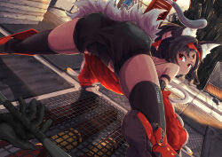 1girl 2days_wotori absurdres all_fours animal_ear_fluff animal_ears ass ass_focus baseball_bat cat_ears cat_girl cat_tail closed_mouth commentary_request dark-skinned_female dark_skin detached_sleeves from_behind fur_trim grate highres holding holding_baseball_bat industrial looking_back mechanical_tail metal_baseball_bat multiple_tails nekomiya_mana over-kneehighs pov pov_hands presenting presenting_ass red_eyes red_sleeves shin_guards skindentation spread_legs tail thighhighs thighs two_tails wide_spread_legs zenless_zone_zero
