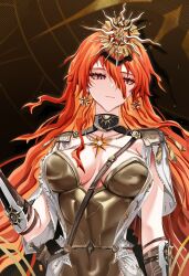 1girl absurdres armor augusta_(wuthering_waves) breastplate breasts breasts_apart closed_mouth commentary earrings hair_between_eyes headgear highres jewelry long_hair looking_at_viewer orange_hair red_eyes scabbard sheath sheathed shiraitoart983 solo sun_earrings upper_body very_long_hair wuthering_waves