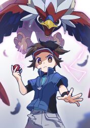 Rule 34 | &gt;:(, 1boy, bird, blue jacket, braviary, bright pupils, brown eyes, brown hair, closed mouth, feathers, frown, gen 5 pokemon, hand up, high collar, highres, holding, holding poke ball, jacket, looking at viewer, nate (pokemon), nintendo, omochi (omotimotittona3), poke ball, poke ball (basic), pokemon, pokemon (creature), pokemon bw2, short hair, short sleeves, v-shaped eyebrows, visor cap, white pupils, xtransceiver, zipper pull tab