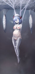 1girl absurdres black_horns blindfold blue_hair breasts censored chinese_commentary commentary_request death_end_re;quest full_body gagged hat highres horns medium_breasts mosaic_censoring mummification_(bound) navel nipples nude pregnant pussy qisu restrained sailor_hat shina_ninomiya short_hair silk solo spider_web white_hat