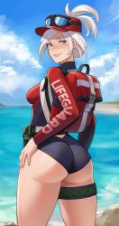 1girl ass backpack bag belt belt_pouch blue_eyes blue_nails blue_one-piece_swimsuit blue_sky blush breasts cawfield closed_mouth cloud commentary commission cowboy_shot day fingernails from_behind goggles goggles_on_headwear hand_on_own_hip hat highres lifeguard looking_at_viewer looking_back medium_breasts nail_polish ocean one-piece_swimsuit original outdoors pouch red_hat sky smile solo standing swimsuit thigh_strap water white_hair