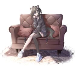 1girl ahoge alternate_costume animal_ear_fluff animal_ears between_legs black_choker black_hair black_sweater black_thighhighs blue_eyes braid cat_girl choker closed_mouth commission couch dress full_body green_eyes hair_between_eyes hair_ornament hand_between_legs hand_on_own_face heterochromia highres lime_(vrchat) long_sleeves looking_at_viewer medium_hair off-shoulder_sweater off_shoulder on_couch pillow purple_eyes ribbon satoh_vrc shoes single_thighhigh sitting skeb_commission sneakers solo sweater sweater_dress tail thighhighs vrchat white_background white_shoes wolf_ears wolf_girl wolf_tail wooden_floor