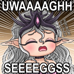 1girl bare_shoulders black_choker choker closed_eyes emphasis_lines fang frown grey_hair half_updo headpiece idiot_of_the_east meme open_mouth parody pointy_ears portrait seggs_(meme) slaanesh solo warhammer_40k watermark wavy_hair web_address